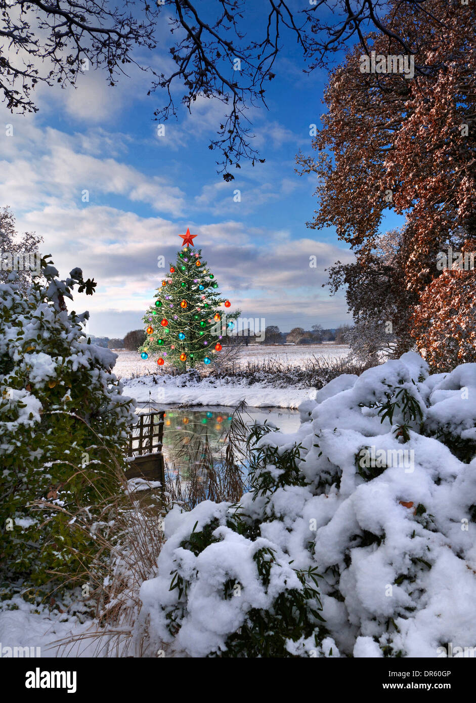 WEIHNACHTSBAUM FLUSSGARTEN SURREALES KONZEPT Winteransicht schneebedeckter Garten über den Fluss zu virtuell dekorierten Weihnachtsbaum und frostiger Landschaft Stockfoto