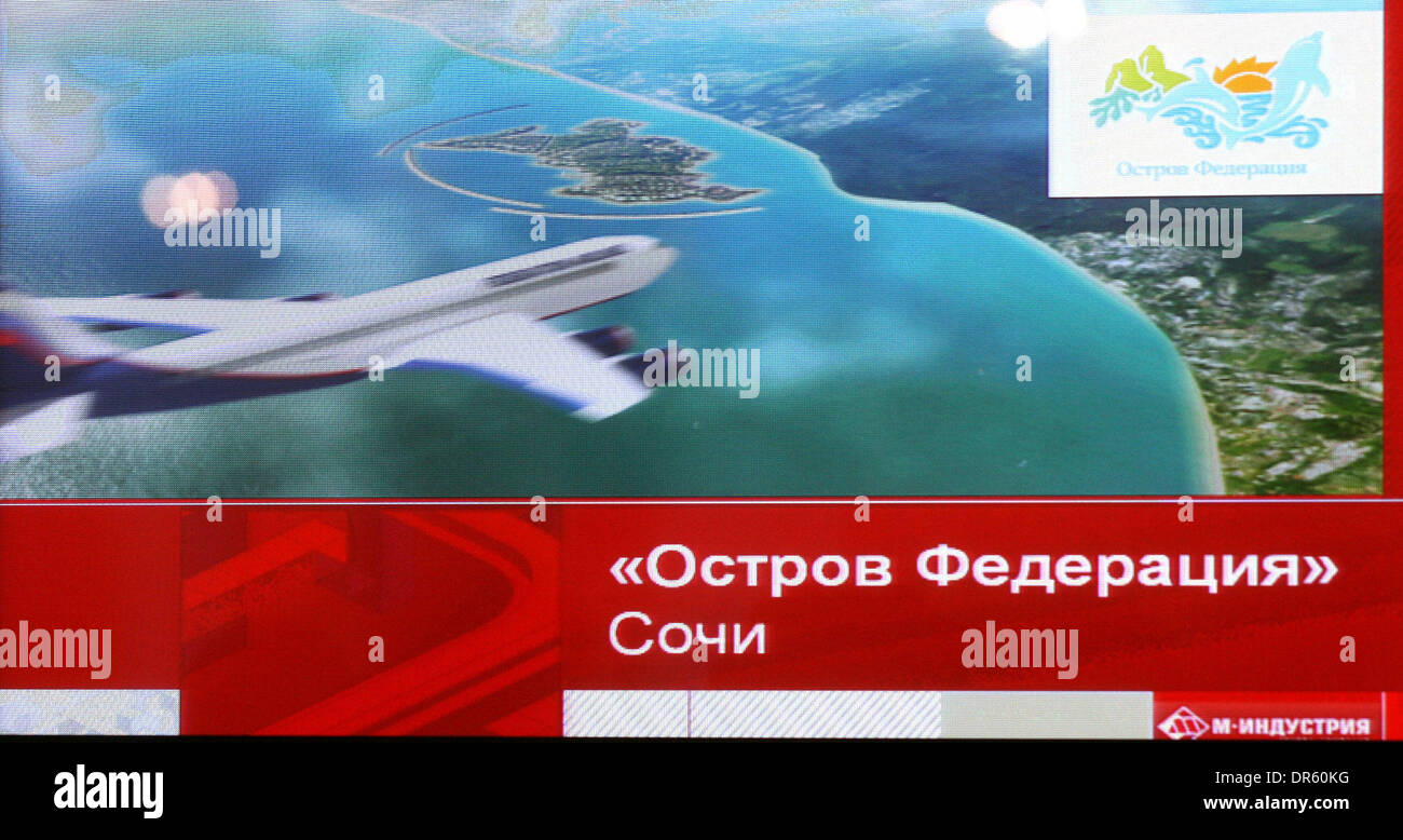 Vorstellung des Projektes Föderation der Insel in St. Petersburg. Föderation der Insel wird eine 350 Hektar große künstliche Insel liegt vor der Küste von Sotschi, Schwarzmeer-Resort, Russland. Föderation der Insel wird voraussichtlich rechtzeitig für die Olympischen Winterspiele 2014 in Sotschi abgeschlossen werden. Das Projekt kostet rund 6,2 Milliarden Dollar (4,4 Milliarden Euro). Föderation der Insel bieten private res Stockfoto