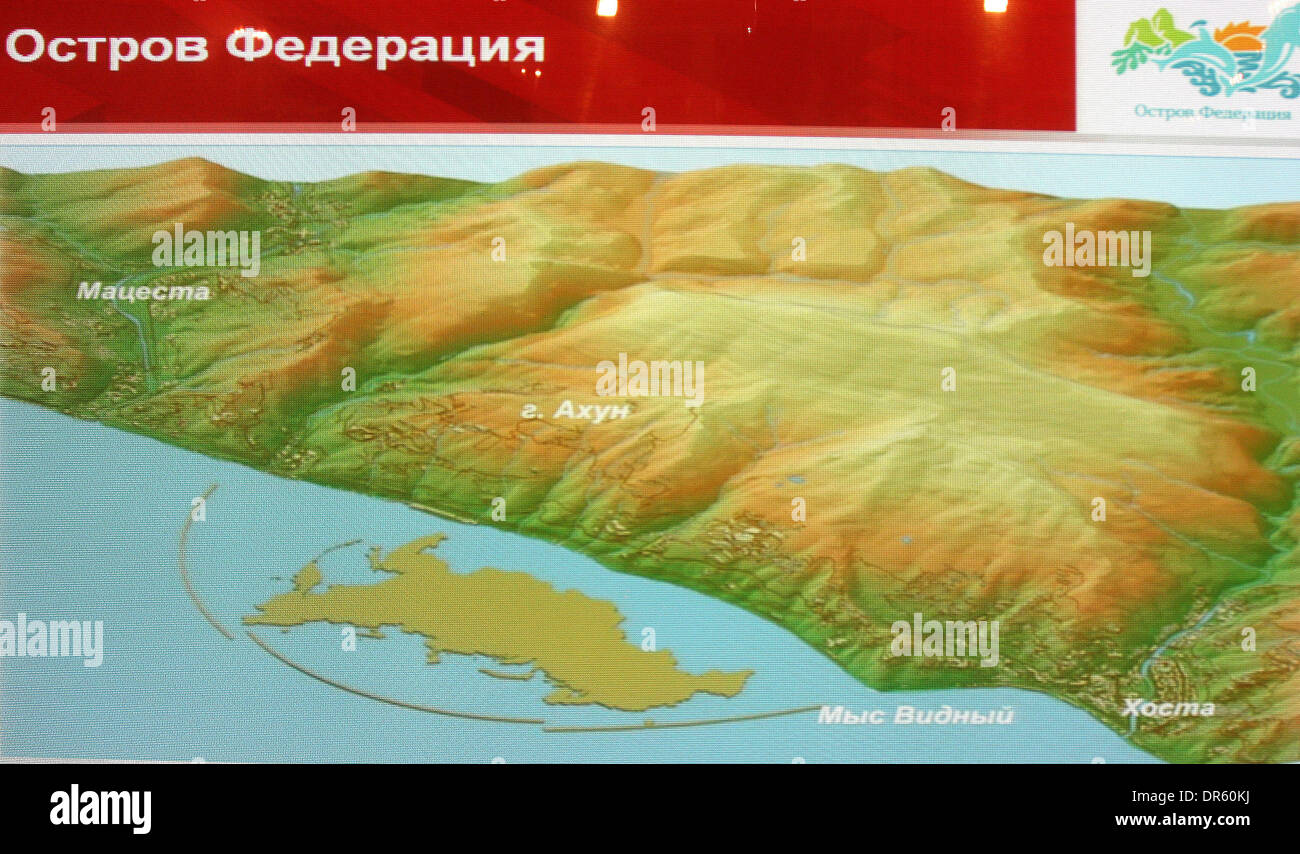 Vorstellung des Projektes Föderation der Insel in St. Petersburg. Föderation der Insel wird eine 350 Hektar große künstliche Insel liegt vor der Küste von Sotschi, Schwarzmeer-Resort, Russland. Föderation der Insel wird voraussichtlich rechtzeitig für die Olympischen Winterspiele 2014 in Sotschi abgeschlossen werden. Das Projekt kostet rund 6,2 Milliarden Dollar (4,4 Milliarden Euro). Föderation der Insel bieten private res Stockfoto
