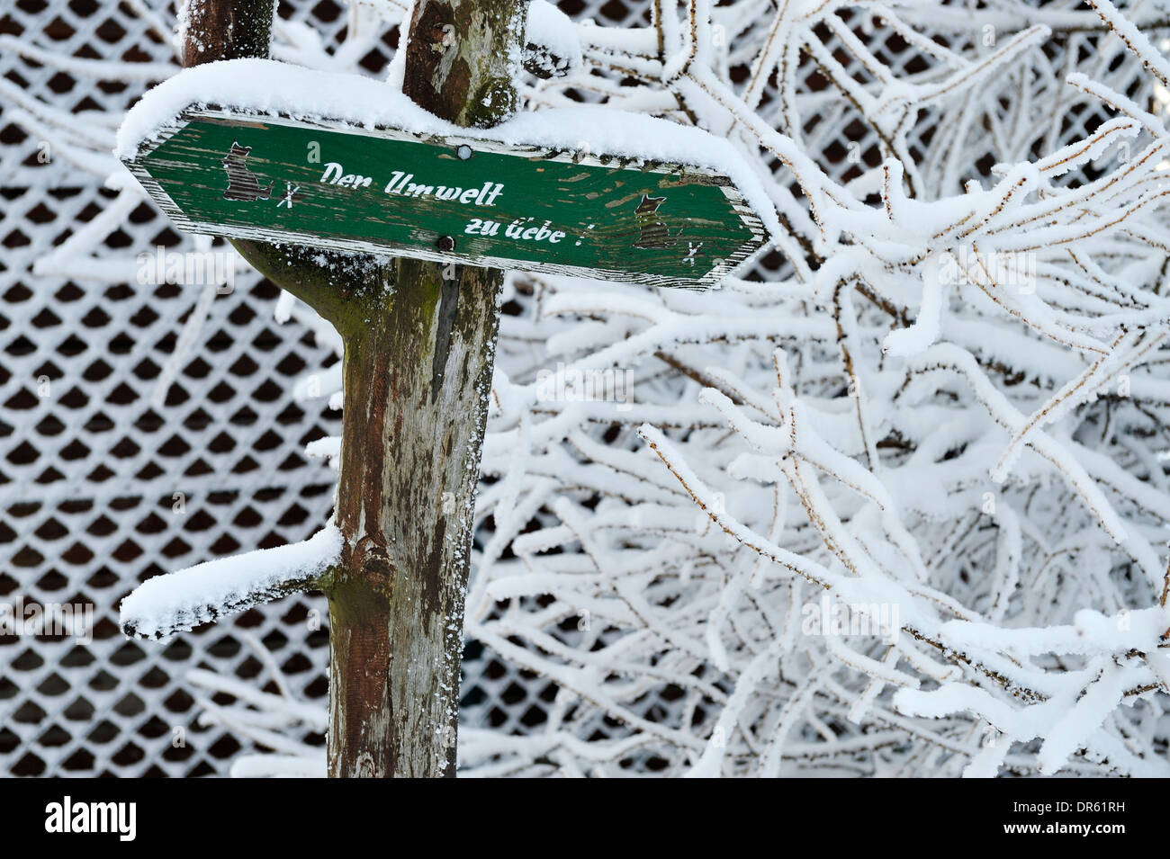Deutschland, Thurinigia, Oberhof, Schild am Stamm des Baumes im winter Stockfoto