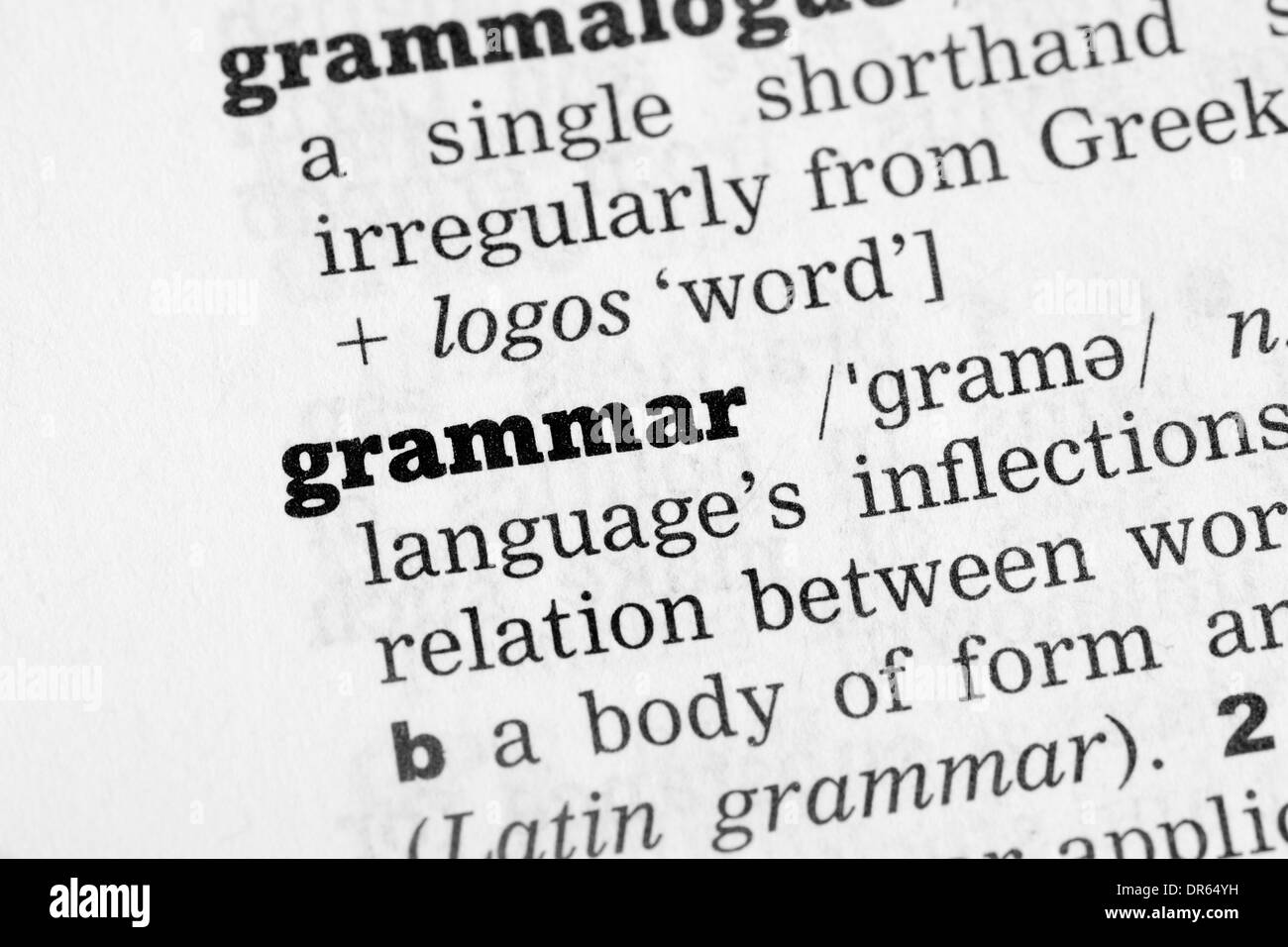 Grammatik Wörterbuchdefinition Closeup schwarz / weiß Stockfoto
