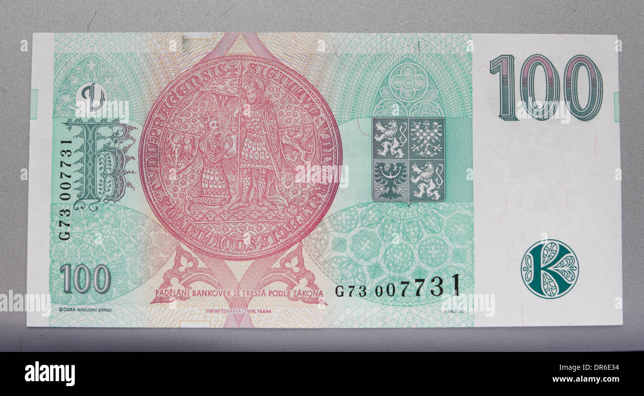 Die Rückseite der Tschechischen Republik 100 Kronen Banknote Währung mit einem Bild von der Dichtung der Karls-Universität Stockfoto