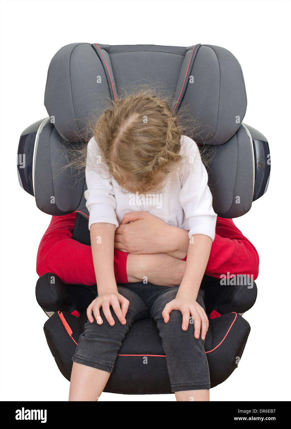 Kind-Sicherheit-Sitzkonzept. Isoliert auf weiss. Stockfoto