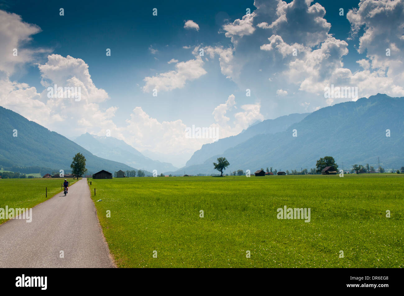 Radfahrer auf dem Radweg entlang der nationalen Zyklus 4 (Alpenpanorama Route) zwischen Kaltbrunn und Schänis in den Schweizer Alpen Stockfoto