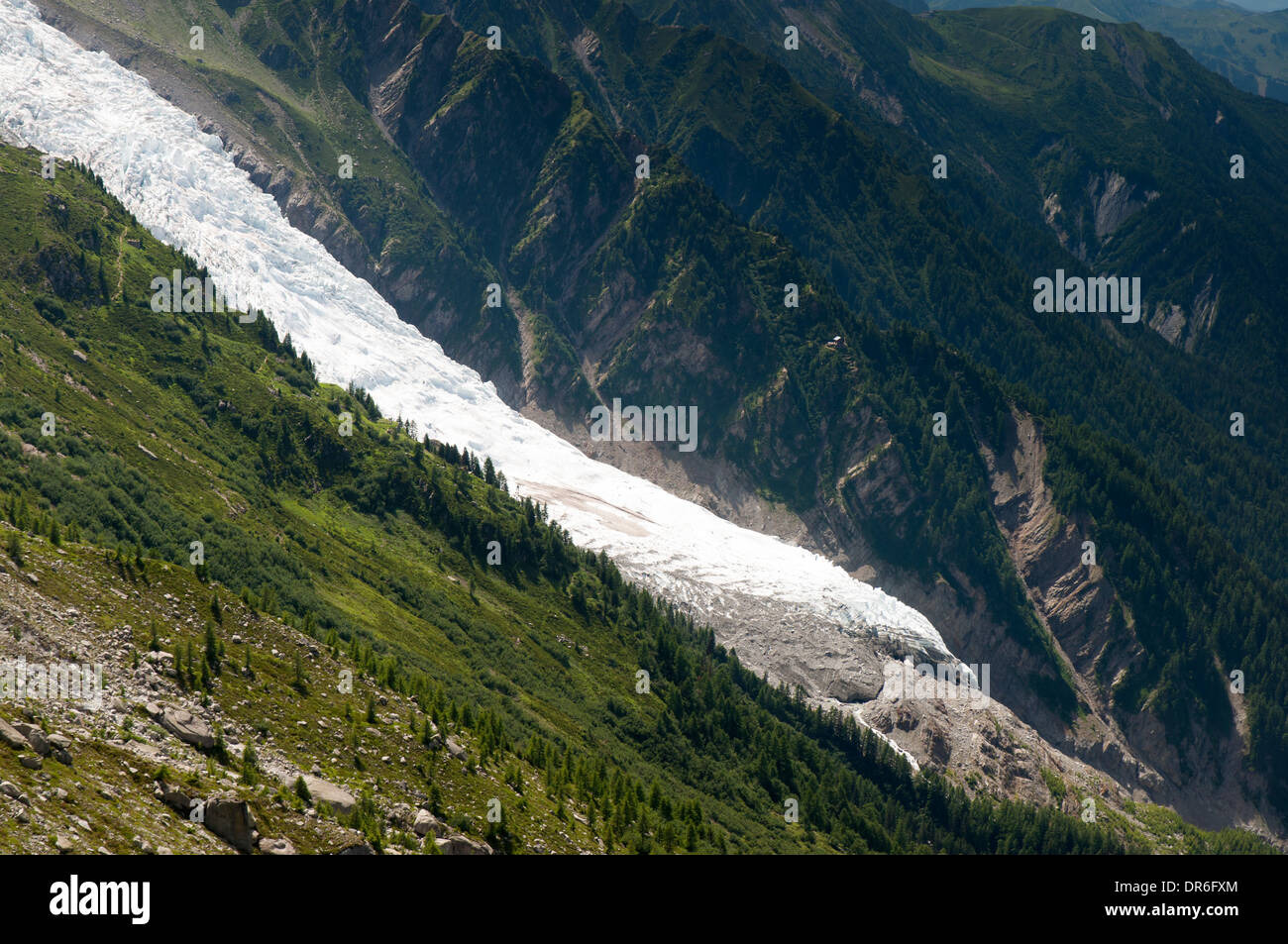 Ende der Bossons-Gletscher zwischen Mont Blanc und der Aiguille du Midi im Tal von Chamonix in den französischen Alpen Stockfoto