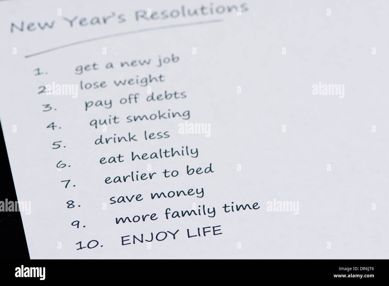 Neujahrsvorsatz auf ein Stück Papier geschrieben Stockfoto