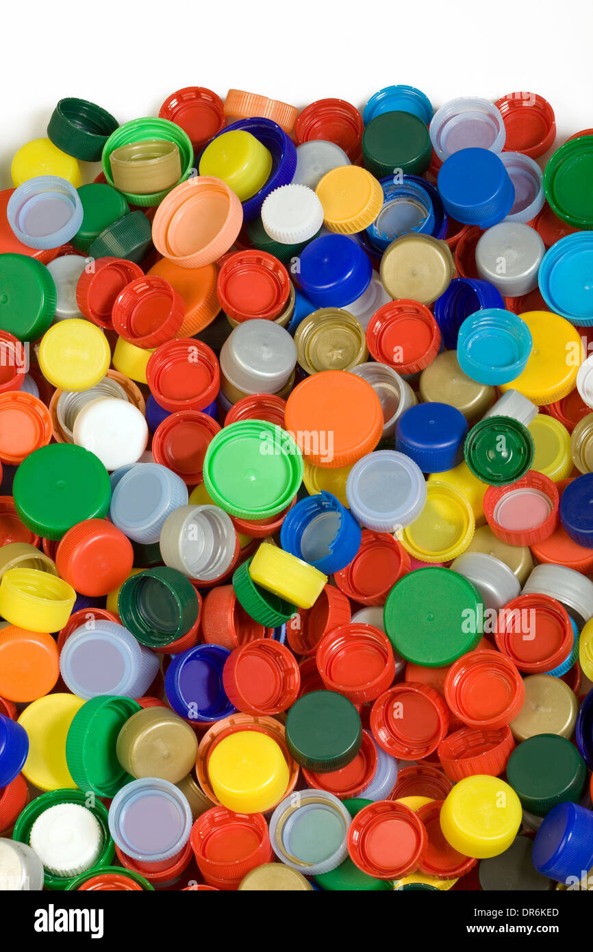 Farbenfrohe Plastic Bottle Caps Hintergrund Stockfoto