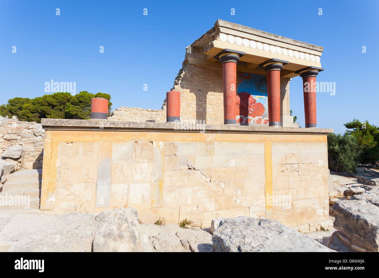 Bemerkenswerte Nordeingang des alten Palast von Knossos in Kreta, Griechenland Stockfoto
