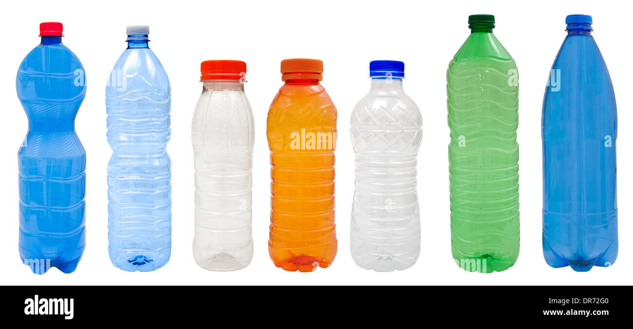 Bunte Kunststoff-Flaschen isoliert auf weißem Hintergrund Stockfoto