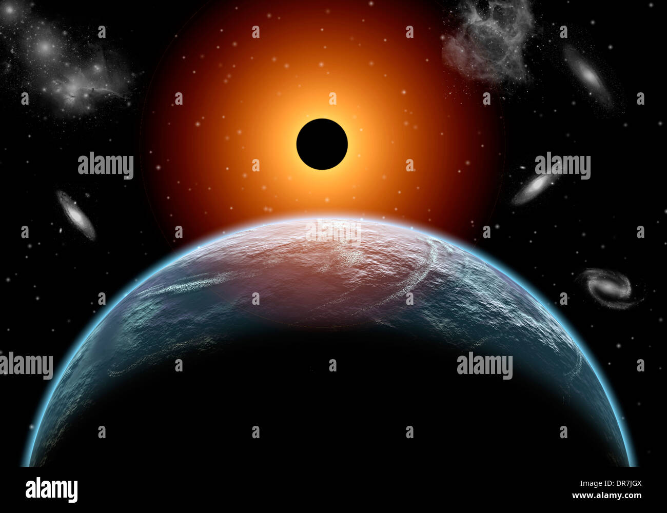 Totale Sonnenfinsternis gesehen Form Erden Orbit. Stockfoto