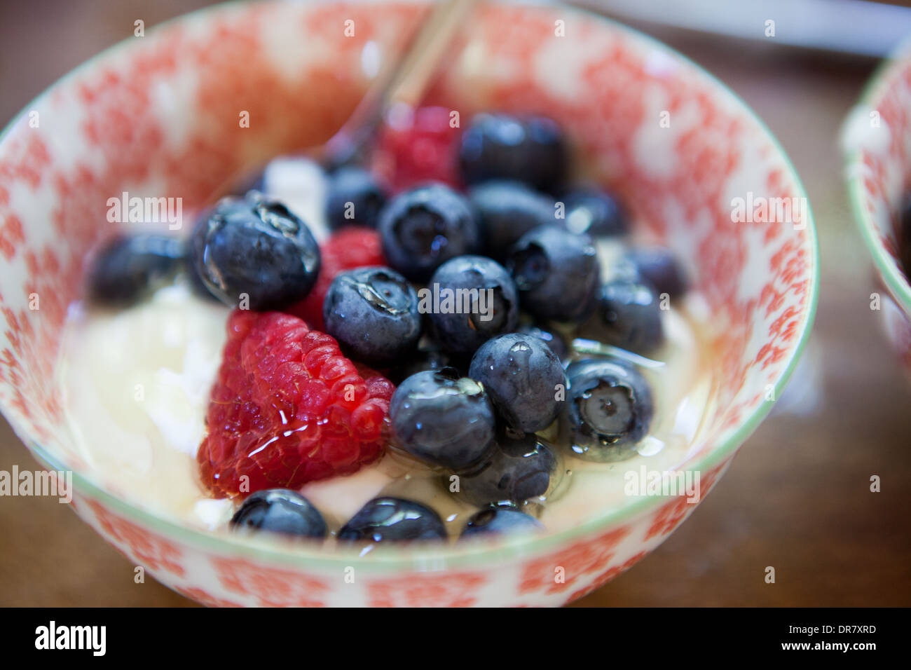 Frühstück, gesund, Obst, Heidelbeeren, Himbeeren, Joghurt, Honig Stockfoto