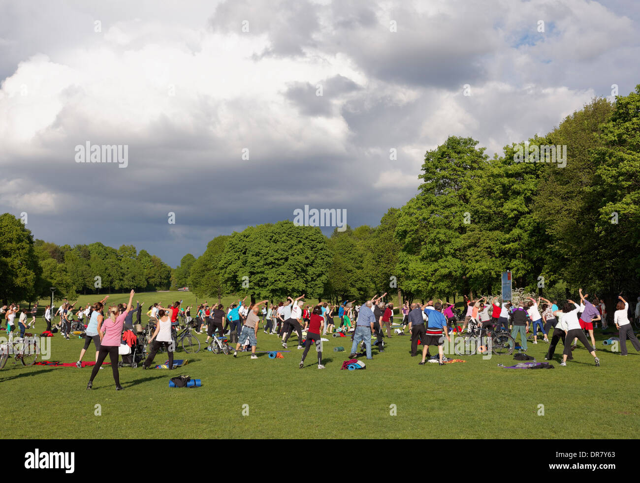 Leute, die Gymnastik in einem Park, Westpark, München, Upper Bavaria, Bavaria, Germany Stockfoto