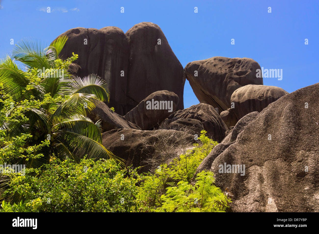 Typischen Felsformationen in den Seychellen, Anse Union, La Digue, Seychellen Stockfoto