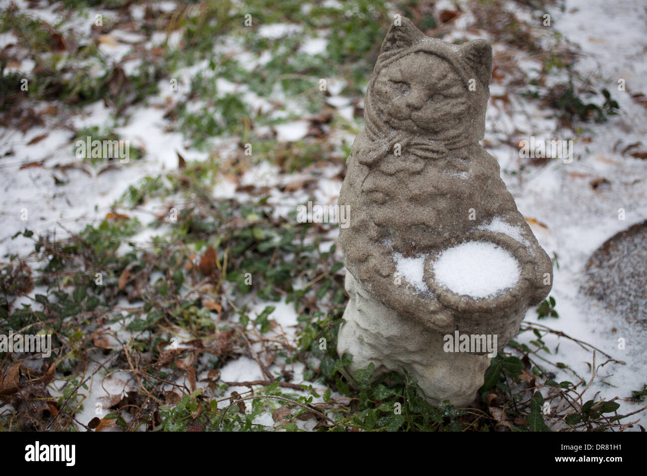 Eine Skulptur einer Katze halten eine Korb voller Eis schmückt einen gefrorenen Garten in Lancaster, Dallas, Texas, Vereinigte Staaten von Amerika Stockfoto