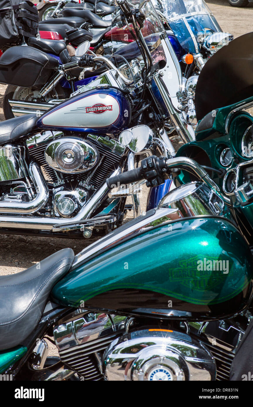 Harley Davidson Motorräder, aufgereiht auf einem sonnigen, klaren Sommertag Stockfoto