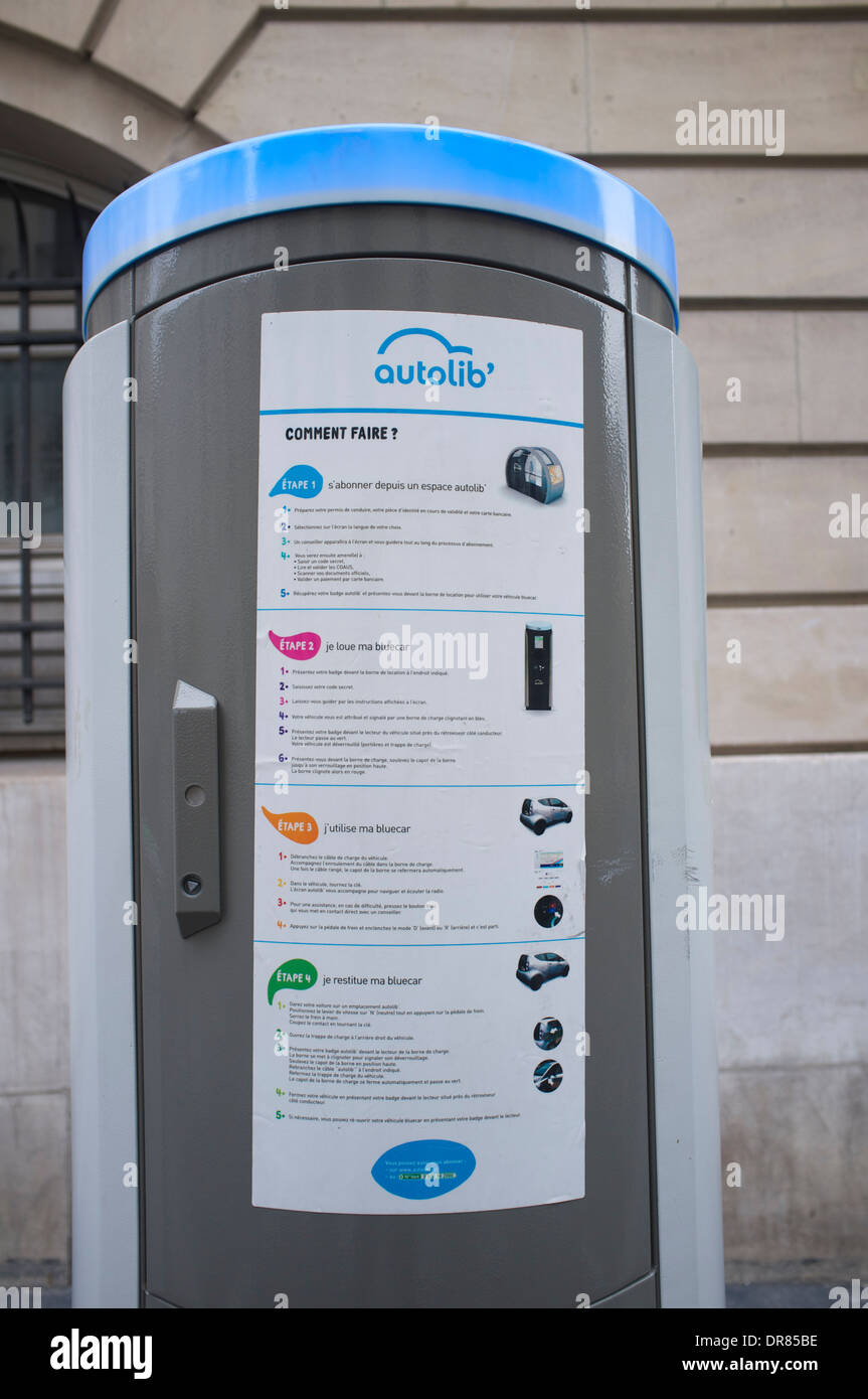 Autolib' Anweisung Post für Elektro-Auto mieten in Paris Stockfoto