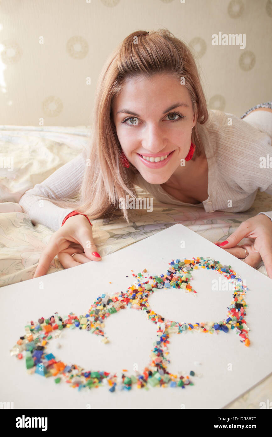 Frau Gesicht Porträt Herzen Mosaik Fliesen isoliert bunte Liebe Konzept Valentines Herzen "St Valentines Herzen" Stockfoto