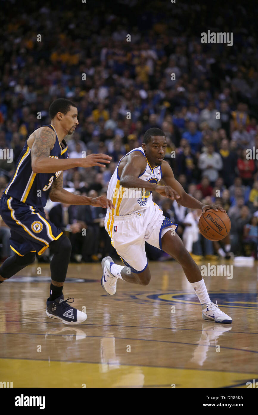 Oakland, CA, USA. 20. Januar 2014. 20. Januar 2014 Oakland, CA. Golden State Jordan Crawford fährt die Spur während der Indiana Pacers 102-94-Sieg über die Krieger am 20. Januar 2014 bei Oracle Arena in Oakland, Kalifornien. Daniel Gluskoter/CSM/Alamy Live-Nachrichten Stockfoto