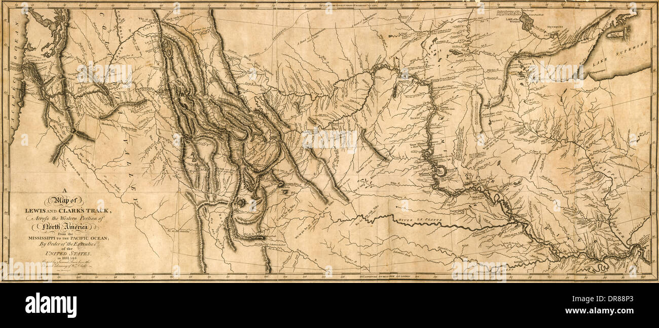 "Eine Karte von Lewis und Clark Track über den westlichen Teil von Nordamerika vom Mississippi bis zum Pazifischen Ozean im Auftrag der Exekutive der Vereinigten Staaten in 1804.5 & 6. Kopiert von Samuel Lewis aus der Originalzeichnung von Wm (William Clark (1770-1838)). " Die Karte zeigt die historische Expedition unter dem Kommando der Kapitäne Lewis und Clark, finden die Quellen des Missouri River, in den Rocky Mountains und hinunter den Fluß Columbia bis zum Pazifischen Ozean durchgeführt in den Jahren 1804 bis 1806 - 6. Gestochen von Samuel Harrison und erste veröffentlichte im Jahre 1814. Stockfoto