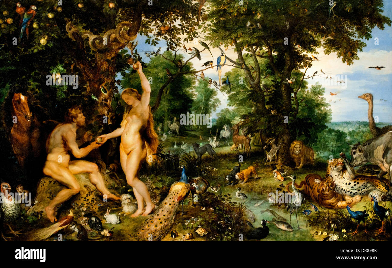 Der Garten Eden mit dem Sündenfall 1615 Jan Brueghel der ältere 1568-1625 und Rubens 1577-1640 Flämischen Belgier Stockfoto