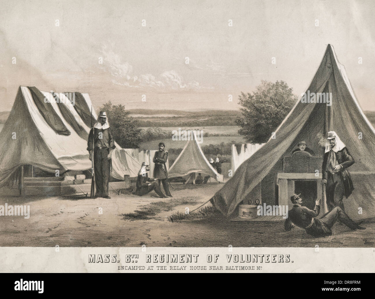 Massachusetts 8. Regiment der Freiwilligen, USA Bürgerkrieg, lagerten im Relais House in der Nähe von Baltimore, MD--20. Juli 1861 Stockfoto