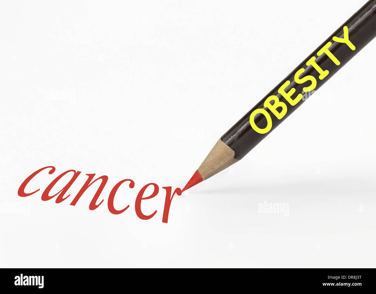 Idee von Fettleibigkeit führt zu Krebs mit Hilfe einer Bleistift-Analogie Stockfoto