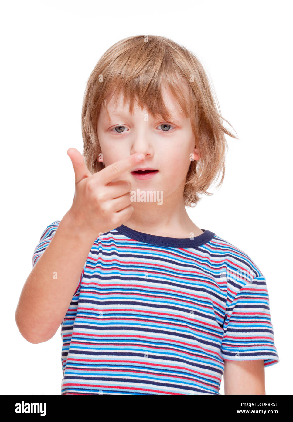 Jungen zählen auf Finger seiner Hand - Isolated on White Stockfoto