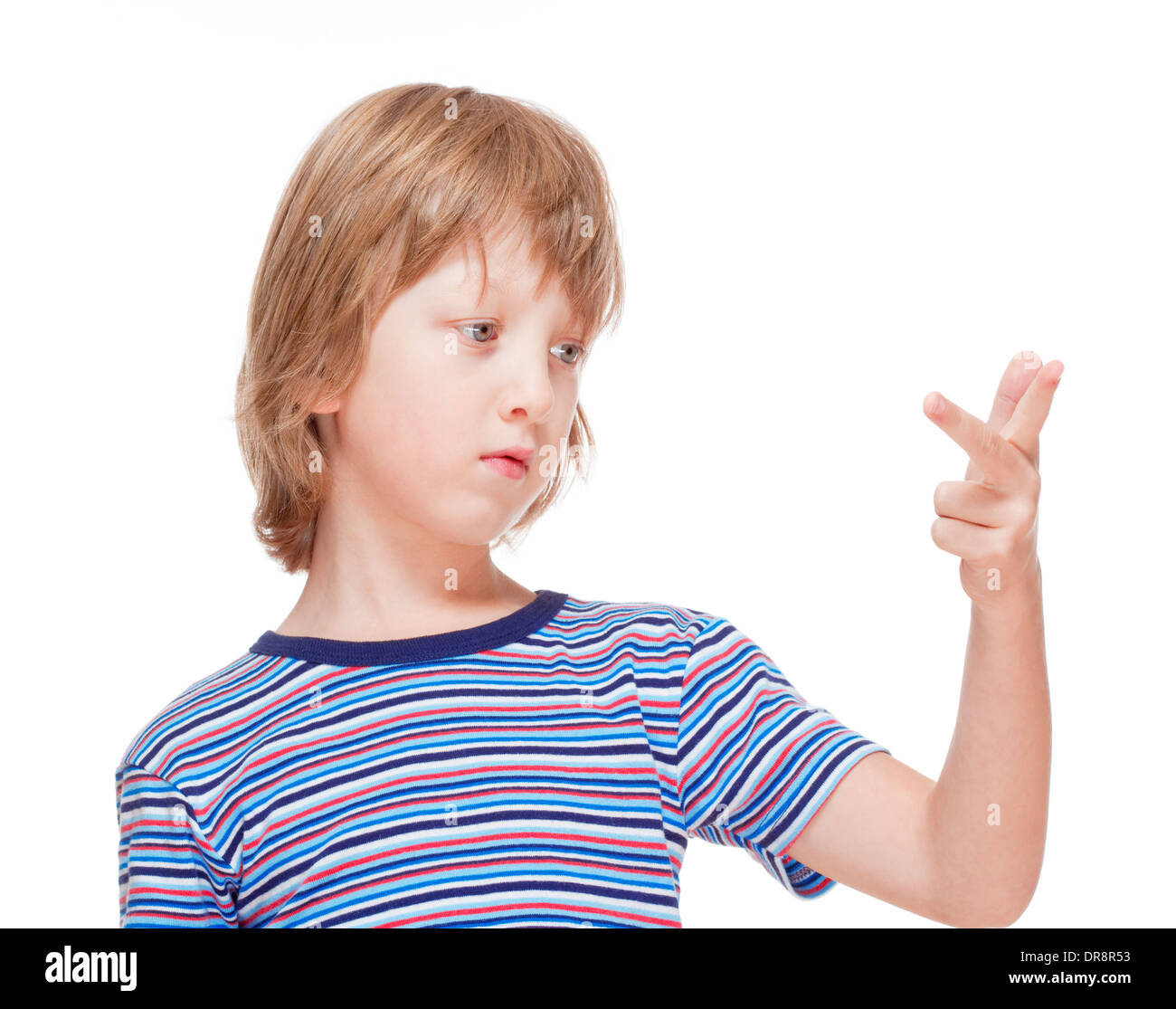 Jungen zählen auf Finger seiner Hand - Isolated on White Stockfoto