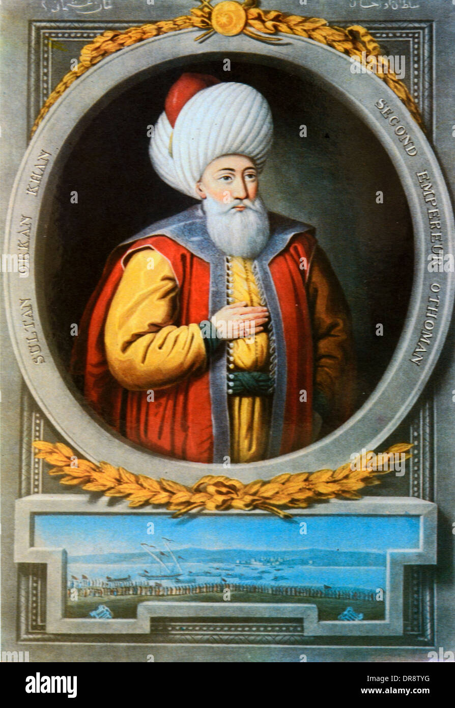 Osmanischen Türkisch Sultan Orhan (1281-1362) oder Orhan Bey Porträtmalerei im osmanischen Kostüm & Turban Türkei Stockfoto