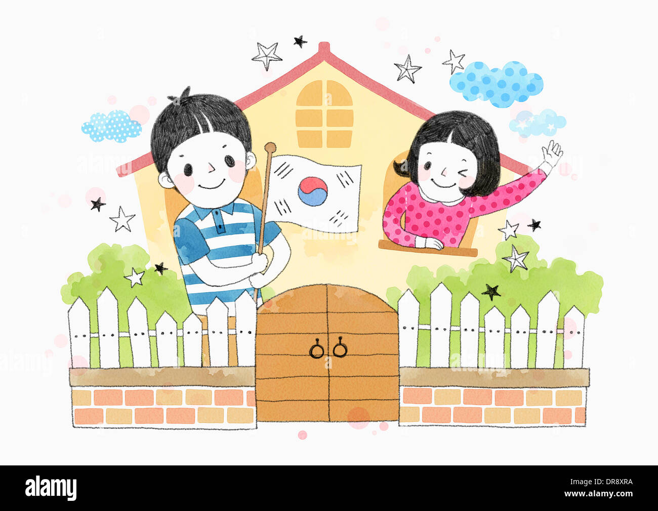 Abbildung eines Paares im Haus mit koreanische Flagge Stockfoto