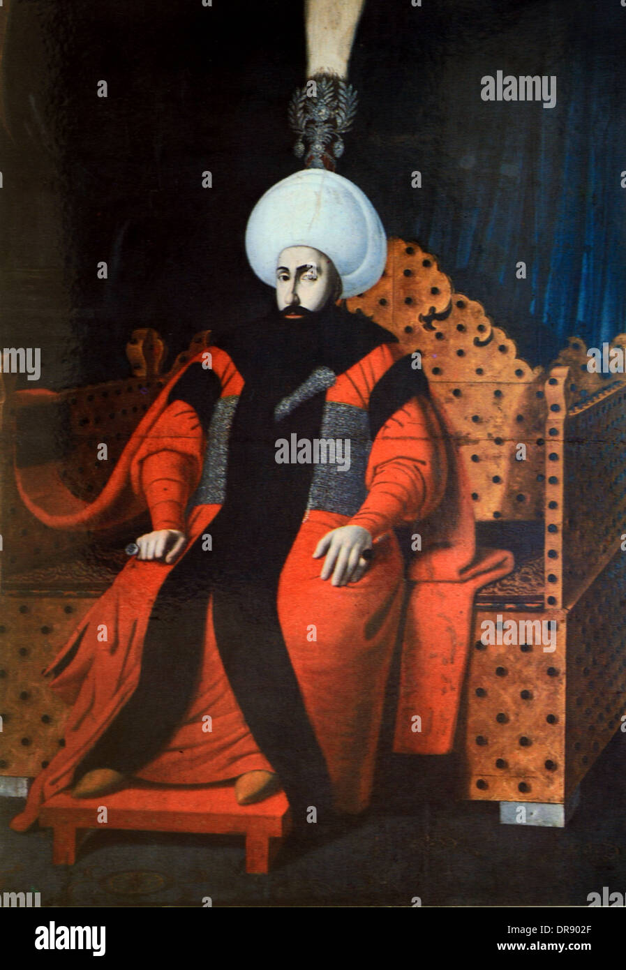 Türkische Ottoman Sultan Mustafa IV (1779-1808) tragen Turban & auf Thron sitzend im Thron-Raum-Topkapi-Palast-Istanbul-Türkei Stockfoto