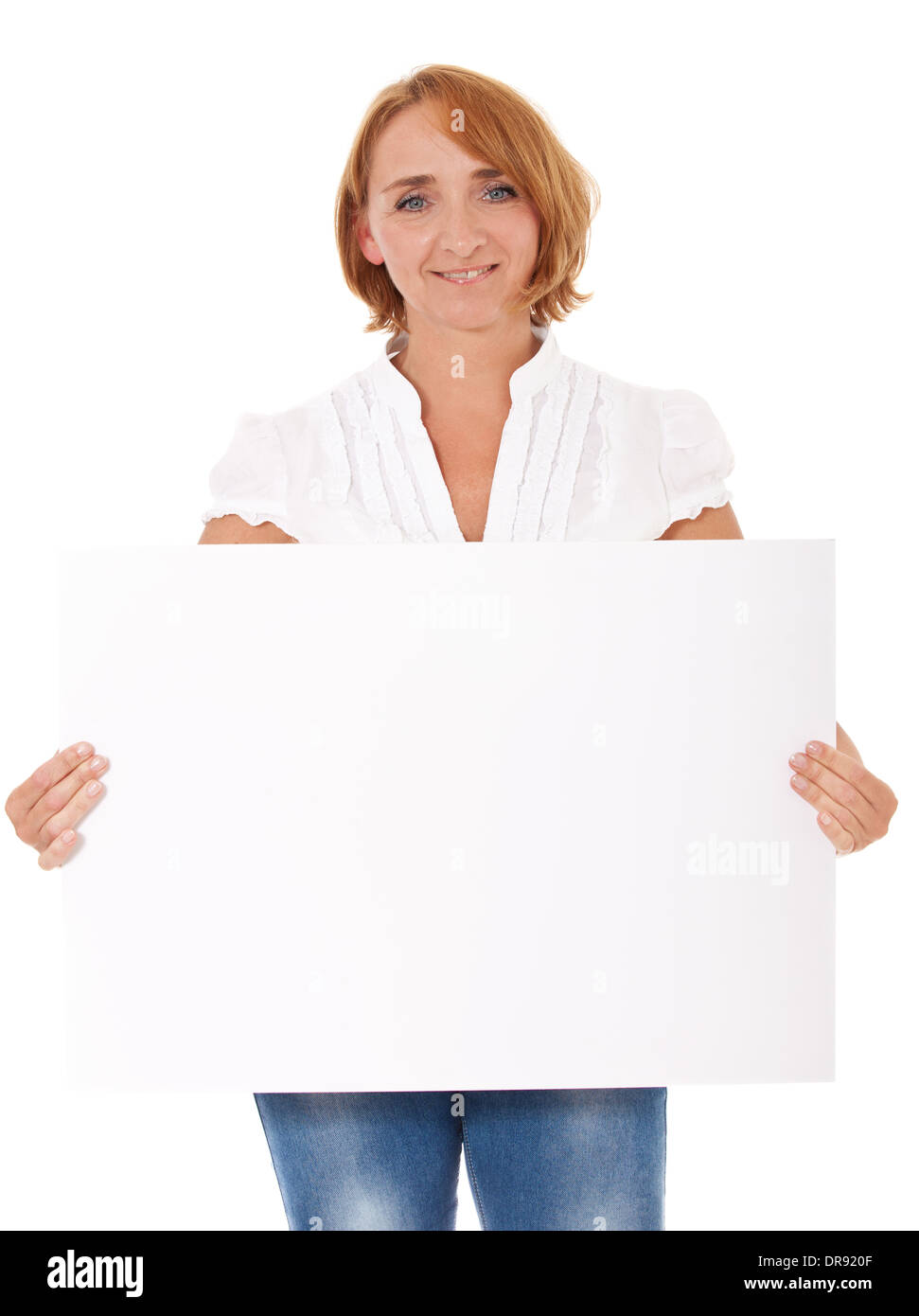 Applying Frau mit leeren weißen Schild. Alle auf weißem Hintergrund. Stockfoto