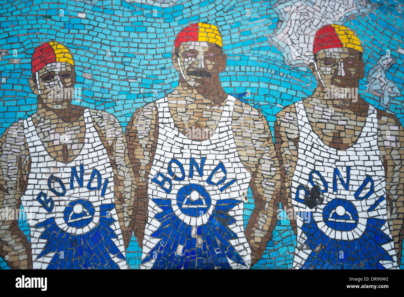 Rettungsschwimmer Mosaik Bank Details in Bondi beach, Sydney Australien Stockfoto