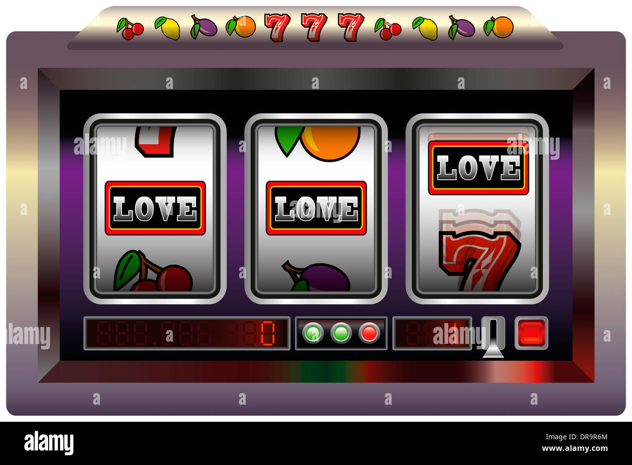 Beispiel für ein Spielautomat mit drei Walzen, Spielautomat Symbolen und Schriftzügen Liebe. Stockfoto