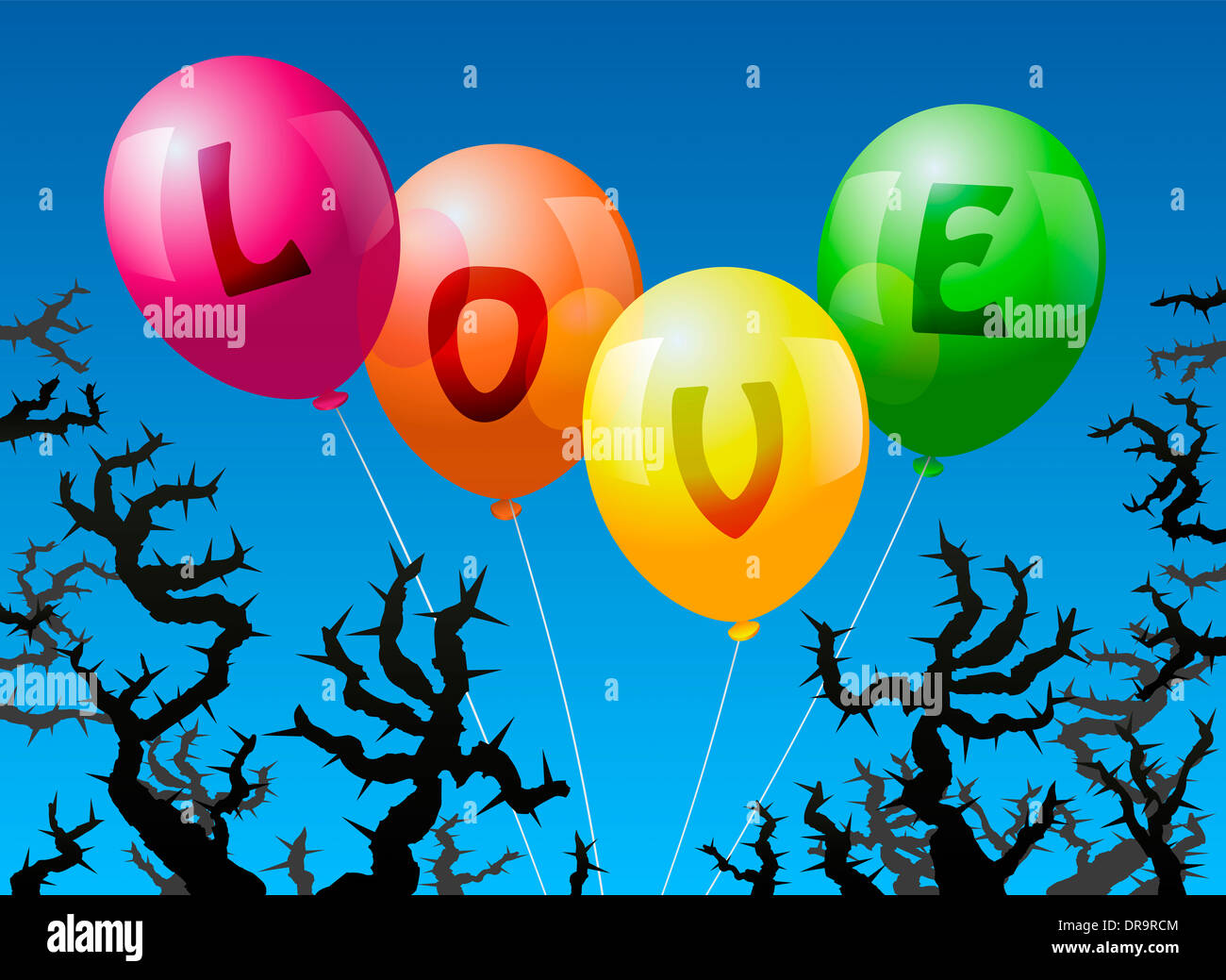 Vier Ballons, die mit dem Wort Liebe beschriftet werden, droht der Dornen. Stockfoto