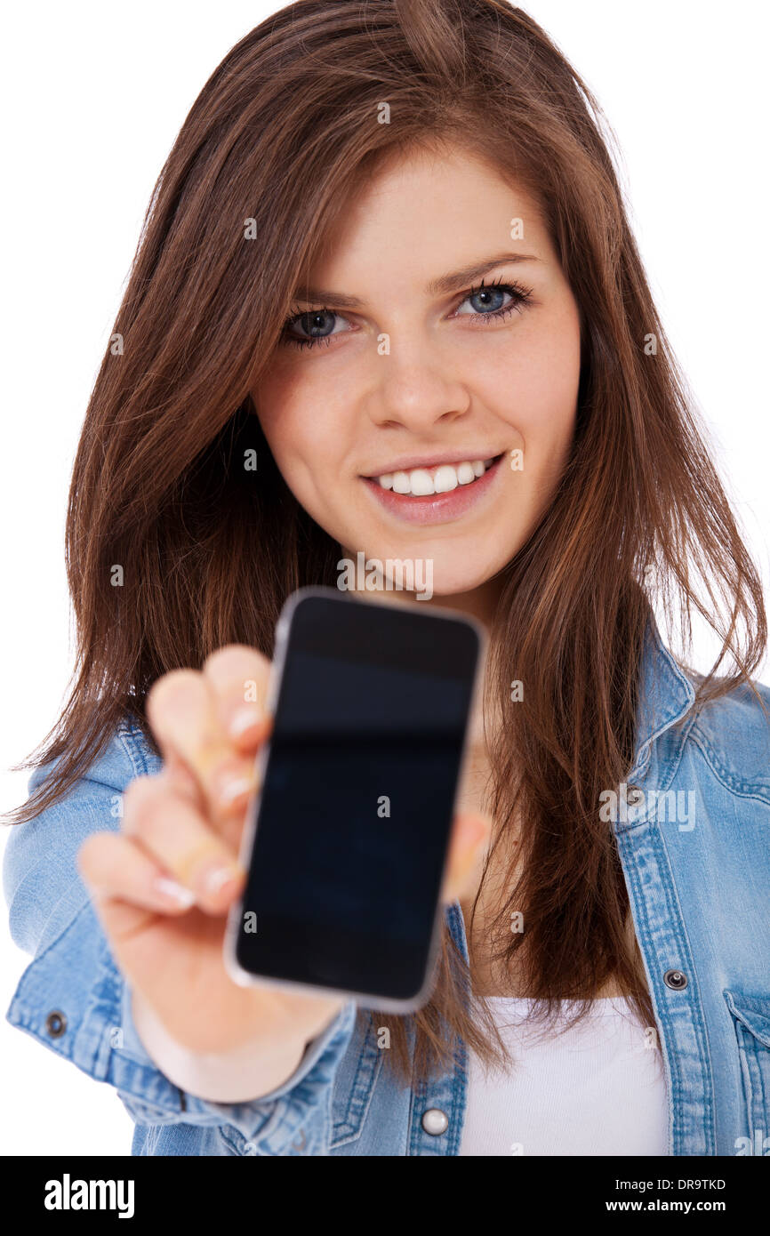 Attraktive Teenager-Mädchen mit Ihrem Smartphone. Alle auf weißem Hintergrund. Stockfoto