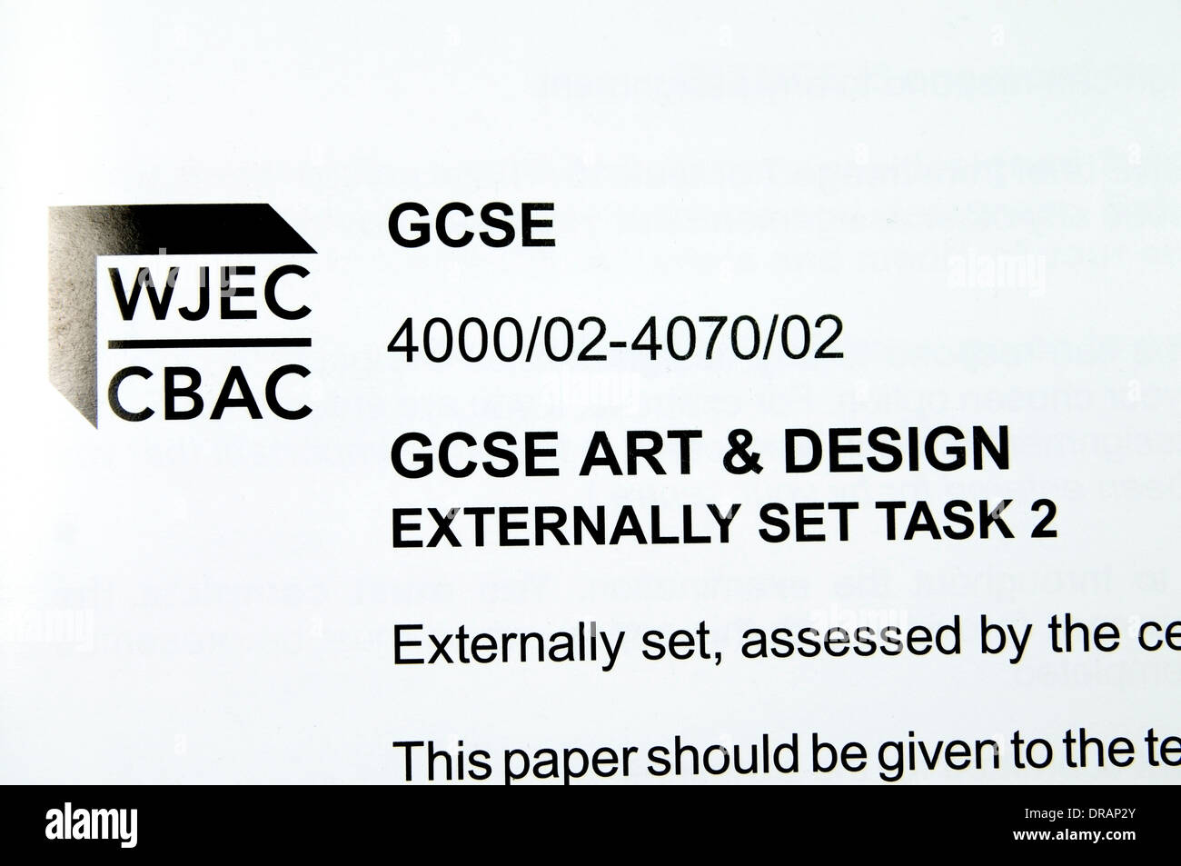 WJEC Kunst und Design GCSE externer Vorgang-Informationsblatt Stockfoto