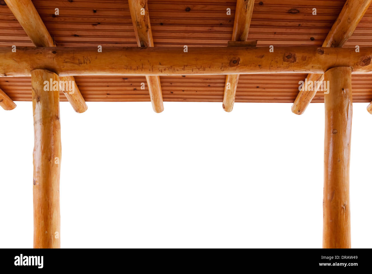 Log Cabin Veranda Unterseite Dachansicht isoliert Stockfoto