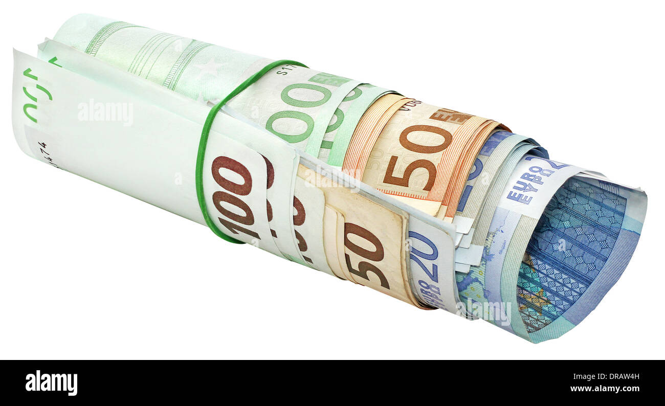 Einführung von Euro-Banknoten mit einem Gummiband auf dem weißen Hintergrund isoliert Stockfoto