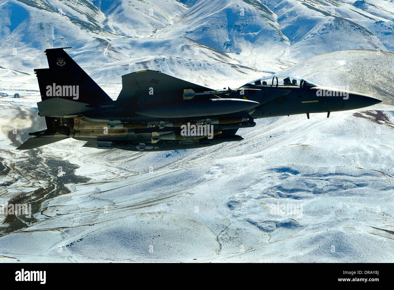 US Air Force F-15E Strike Eagle Flugzeuge aus der 335th Expeditionary Jagdstaffel in Bagram Air Field, Afghanistan Stockfoto