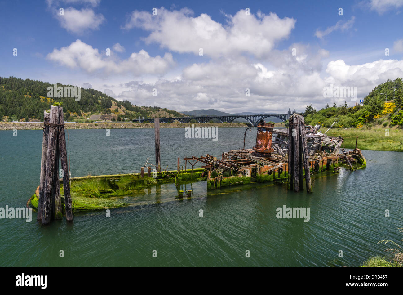 Wrack der Mary D. Hume versenkt im Wasser an der Mündung des Rogue Rivers. Gold Beach, Oregon Stockfoto