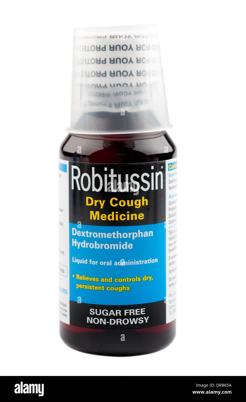 Flasche Robitussin trockener Husten Medizin mit Dextromethorphan Hydrobromide Husten Heilmittel Stockfoto