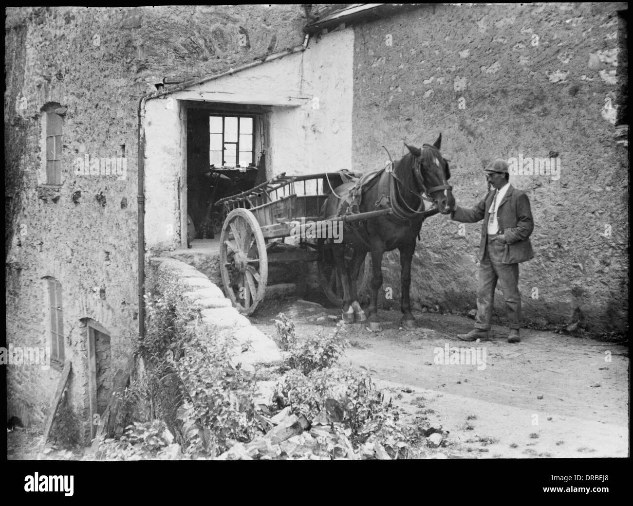 Miller George Newsham mit Pferd und Wagen im Beetham Mill im Jahre 1906. Cumbria (dann Westmorland), Lake District, England. Übernommen aus einem Objektträger Laterne. Stockfoto