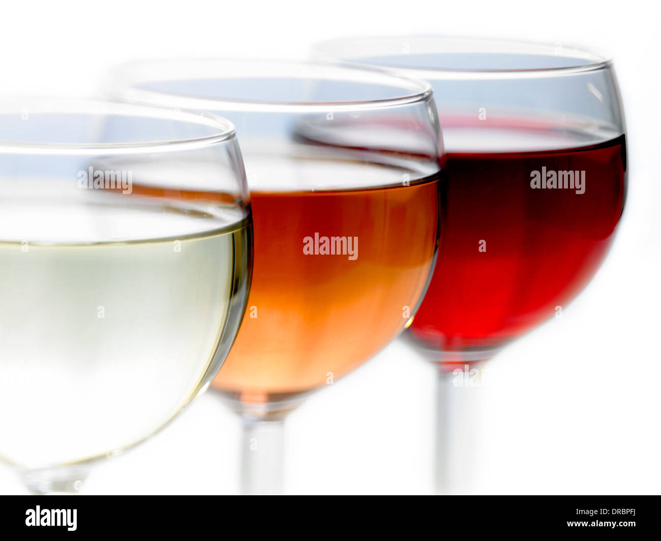 drei Gläser Wein, weiß, Rose & rot Stockfoto