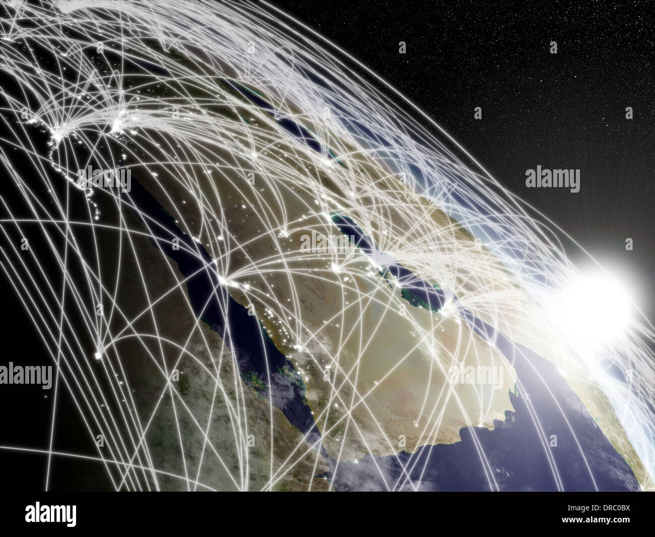 Netzwerk-Konzept mit Sonnenaufgang über der arabischen Halbinsel betrachtet aus dem Weltraum. Hochdetaillierte Planetenoberfläche mit Wolken und Citylights. Elemente des Bildes von der NASA eingerichtet. Stockfoto