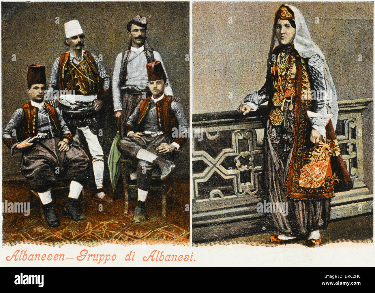 Gruppe von Albanern und Frau in Tracht Stockfoto