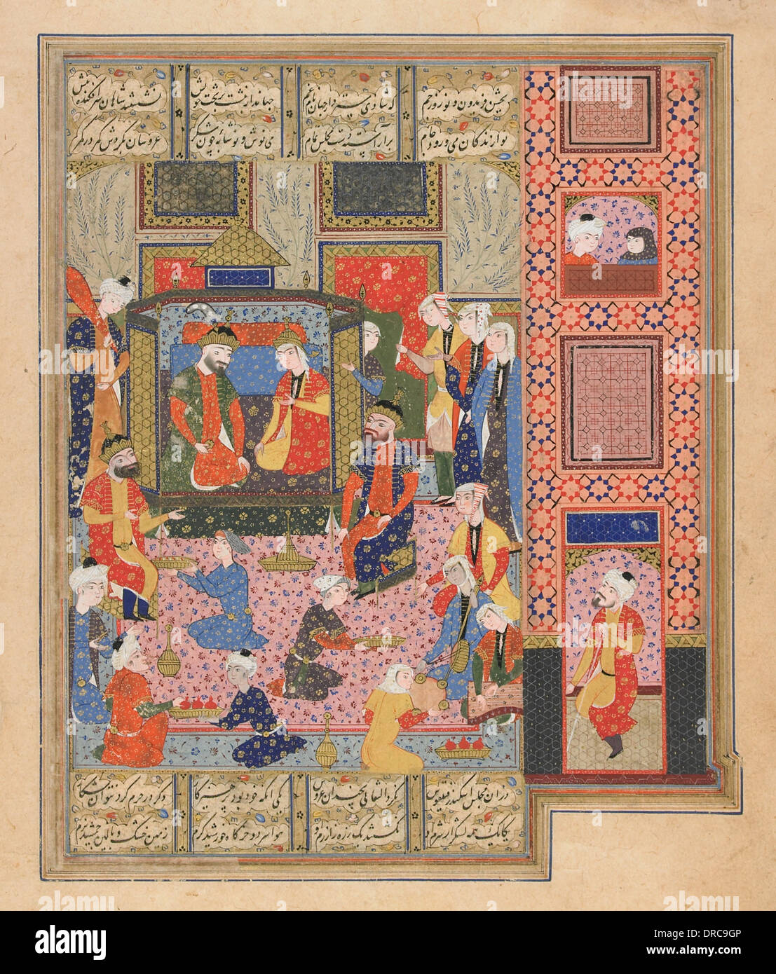 Gemälde, das das Fest von Iskandar und Nushabah aus Nizami Ganjavi's (1141-1209) 'Iskandarnamah' (das Buch von Alexander dem Großen) darstellt. Persische Handschrift des 16.. Jahrhunderts. Auf seinem Weg ins Land der Finsternis besucht Alexander die Königin von Barda, Nushabah, organisiert für ihn ein "ishrat" (großes Fest) und lädt ihn ein, neben ihr auf einem goldenen Thron zu sitzen. Diener und Musiker umgeben das Paar. Illustration aus Nizami Ganjavis 'Iskandarnamah' (das Buch Alexanders des Großen)Manuskript des 16.. Jahrhunderts. Stockfoto