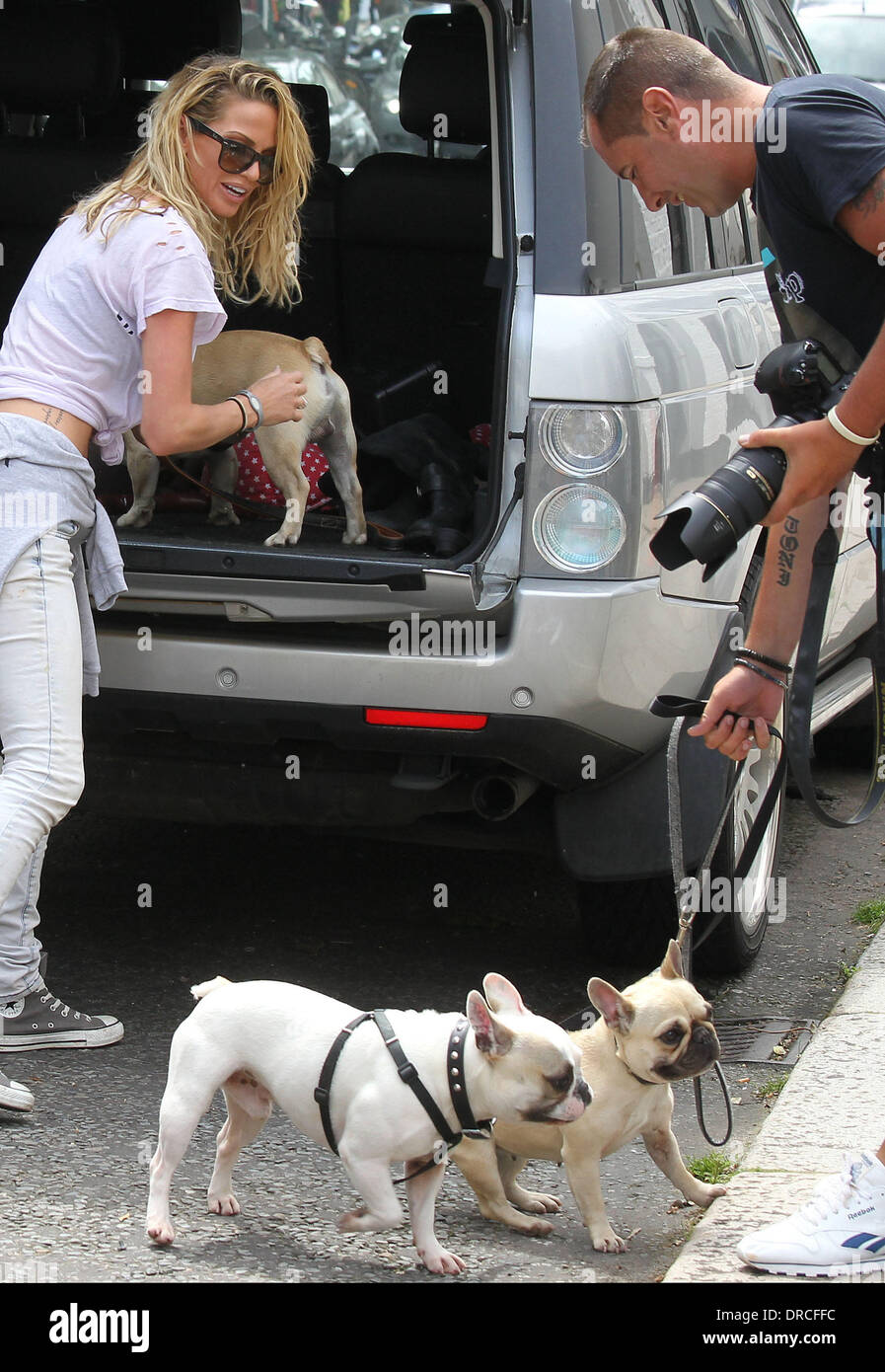 Sarah Harding packt ihre Hunde auf der Rückseite ihres Autos nach Wandern sie in London London, England - 17.07.12 Stockfoto