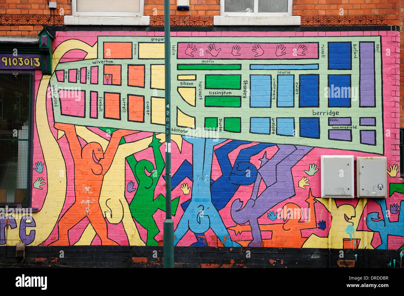 Schreiend Karotten vegetarisch Bäckerei, mit Karte von "Wald Fields" auf Seite des Building.Nottingham,UK gemalt. Stockfoto