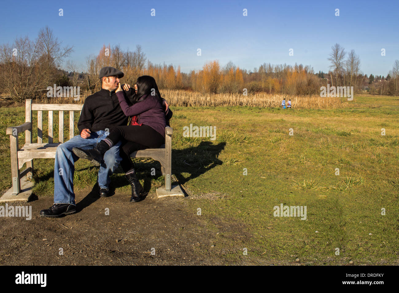 Junge Erwachsene Paare, die Winterspaß im park Stockfoto
